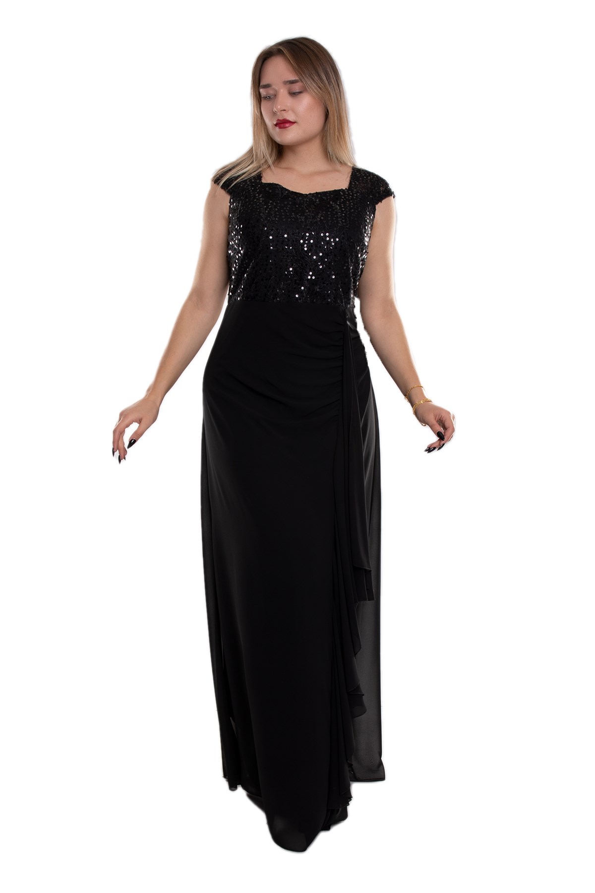 9524 Büyük Beden Yaprak Payet Nakışlı Fırfırlı Şifon Elbise