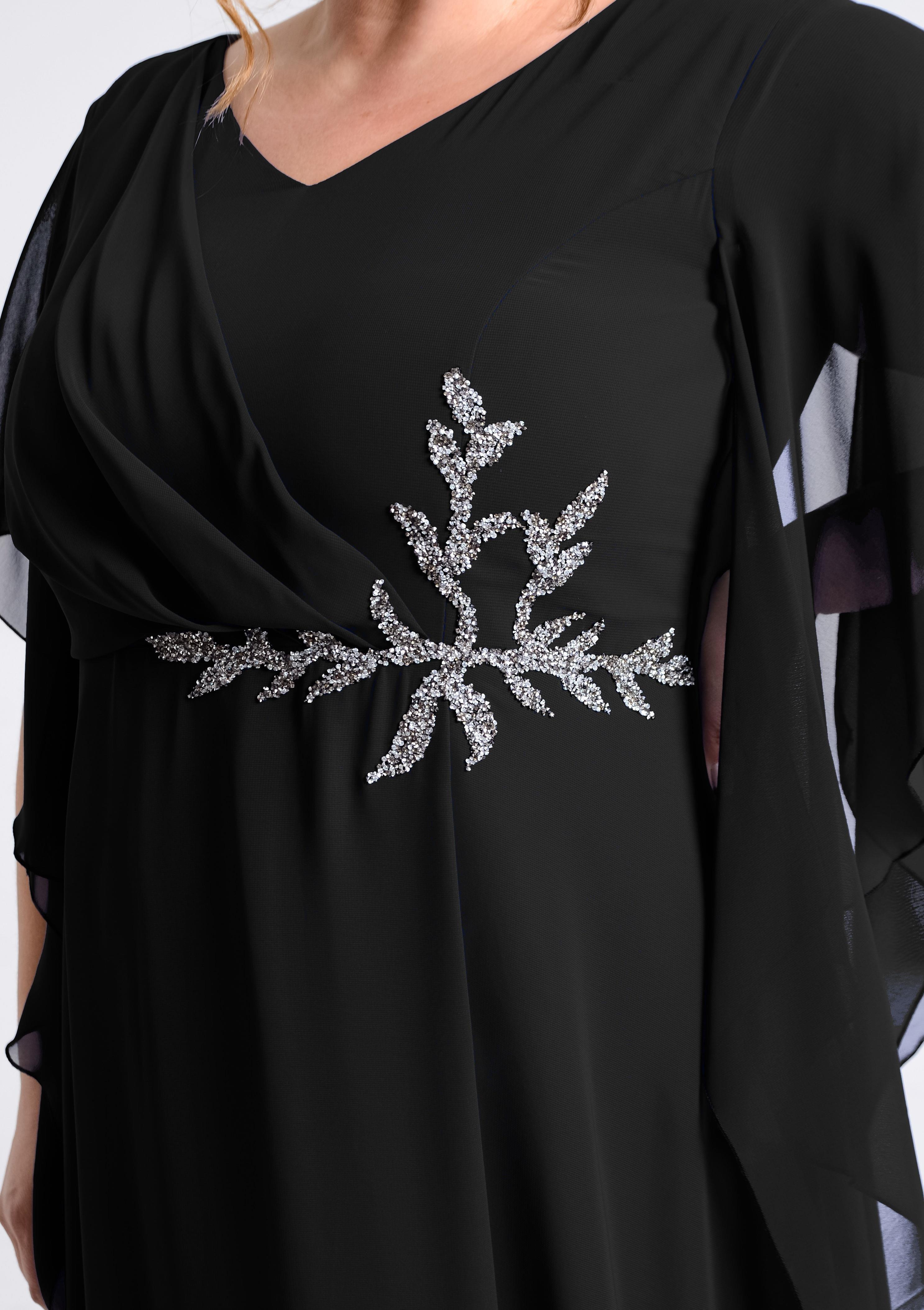 9606 Büyük Beden Mendil Kol Yanı Taş İşleme Uzun Şifon Elbise