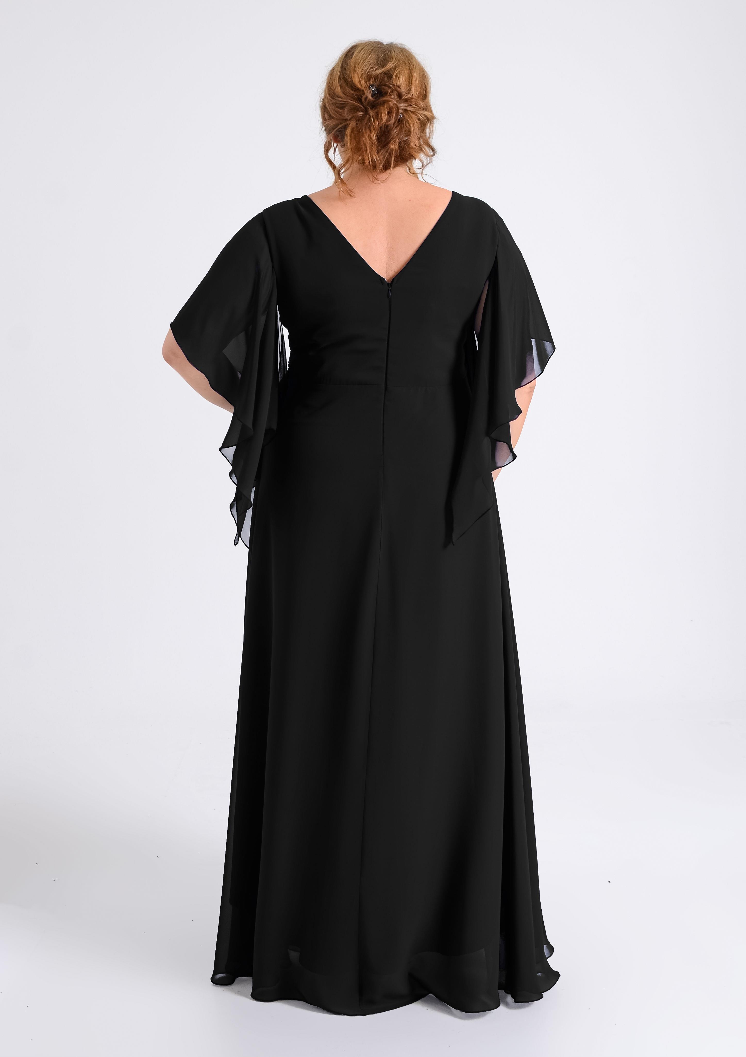 9606 Büyük Beden Mendil Kol Yanı Taş İşleme Uzun Şifon Elbise