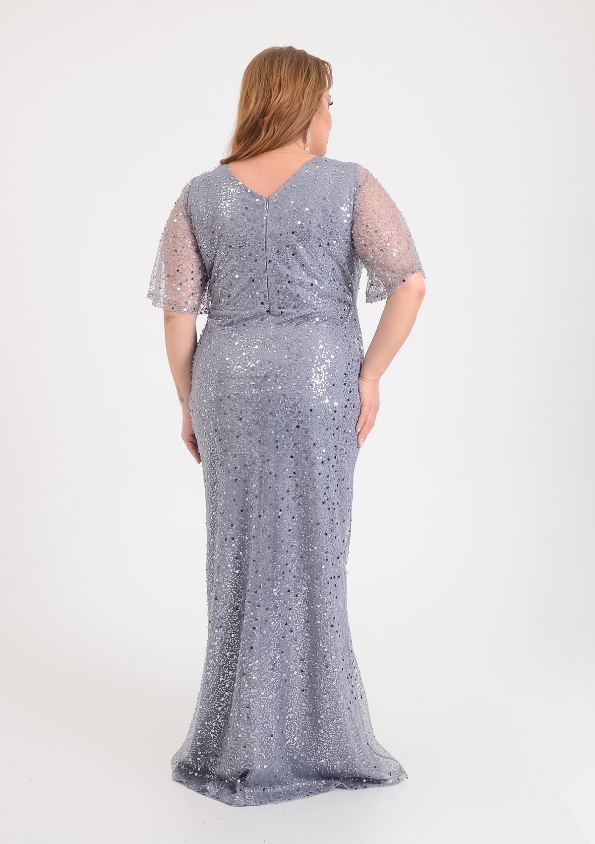 9682 Büyük Beden Vyaka Ön Arka Mendil Kol Pulpayet Yırtmaçlı Uzun Elbise