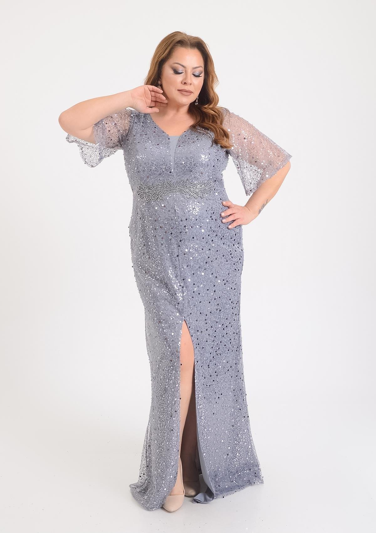 9682 Büyük Beden Vyaka Ön Arka Mendil Kol Pulpayet Yırtmaçlı Uzun Elbise