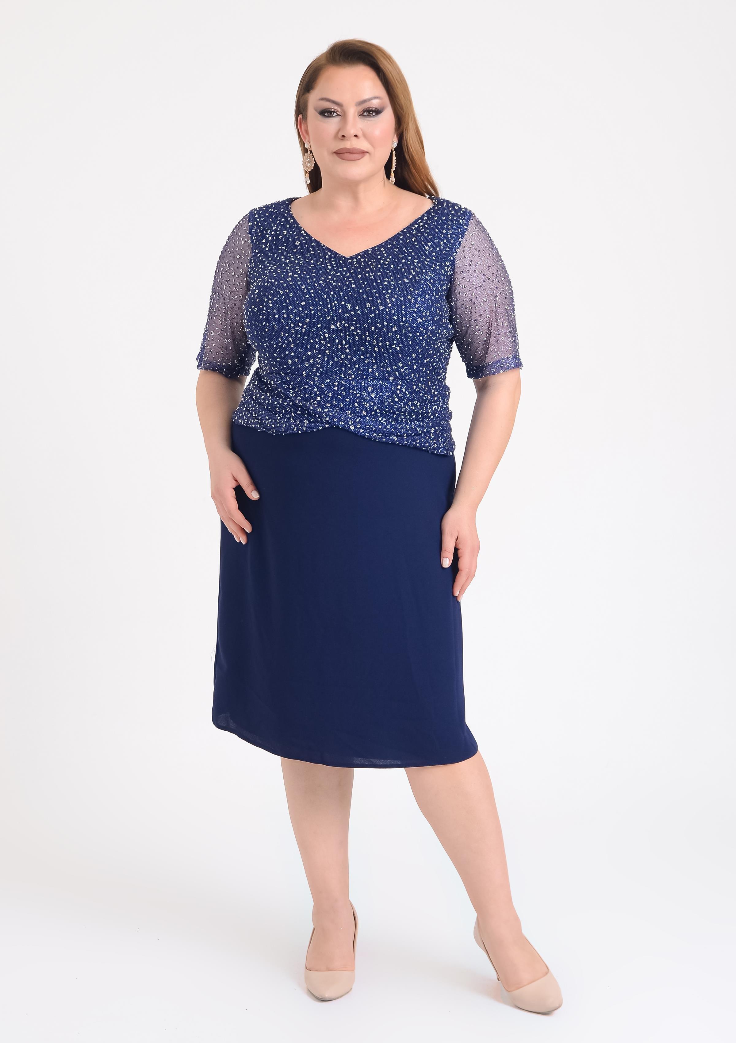 9689 Büyük Beden Vyaka Simli Bluz Detay Kısa Krep Elbise