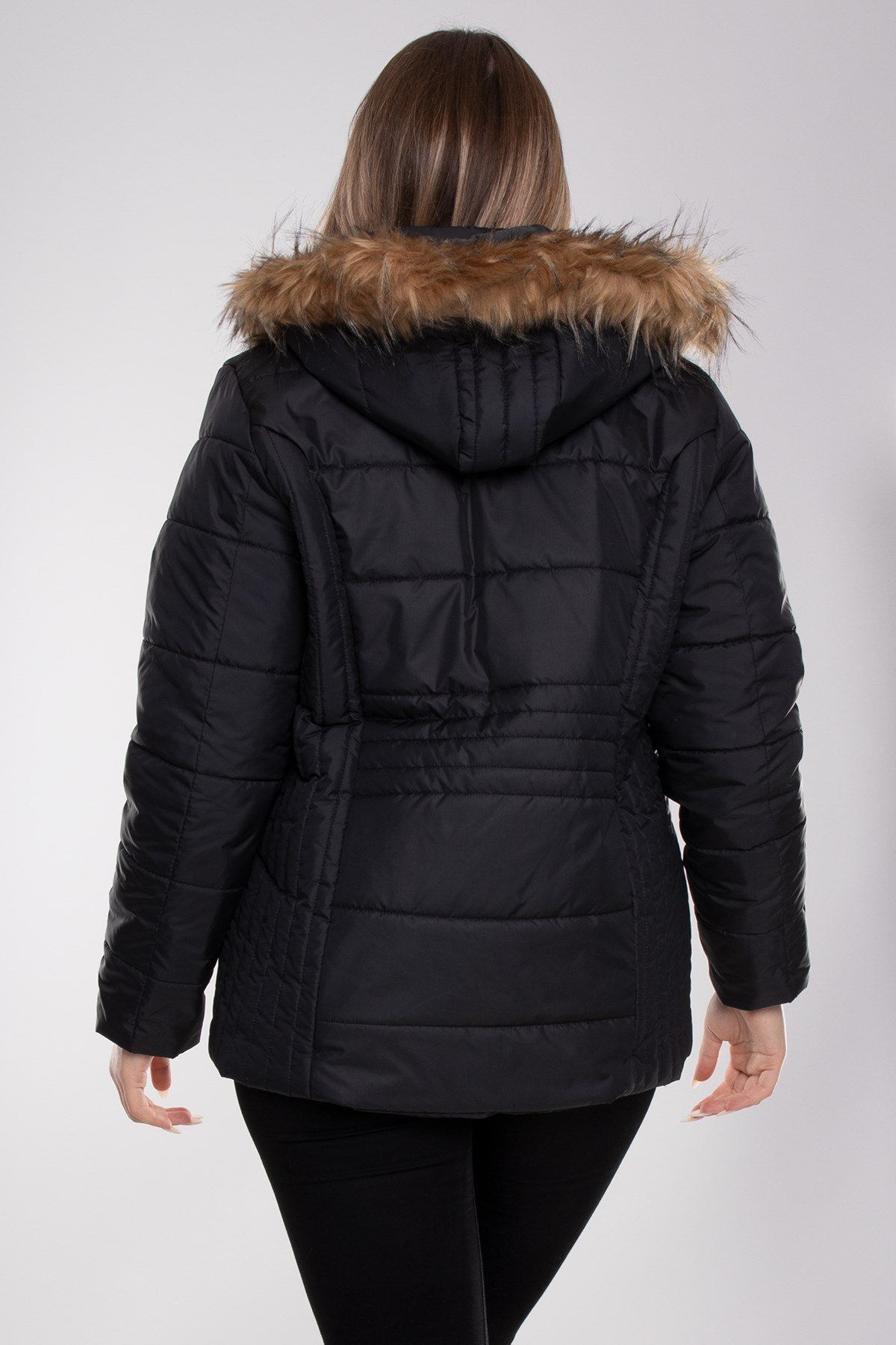 9761 Büyük Beden Kapüşonu Kürklü Kadın Şişme Mont