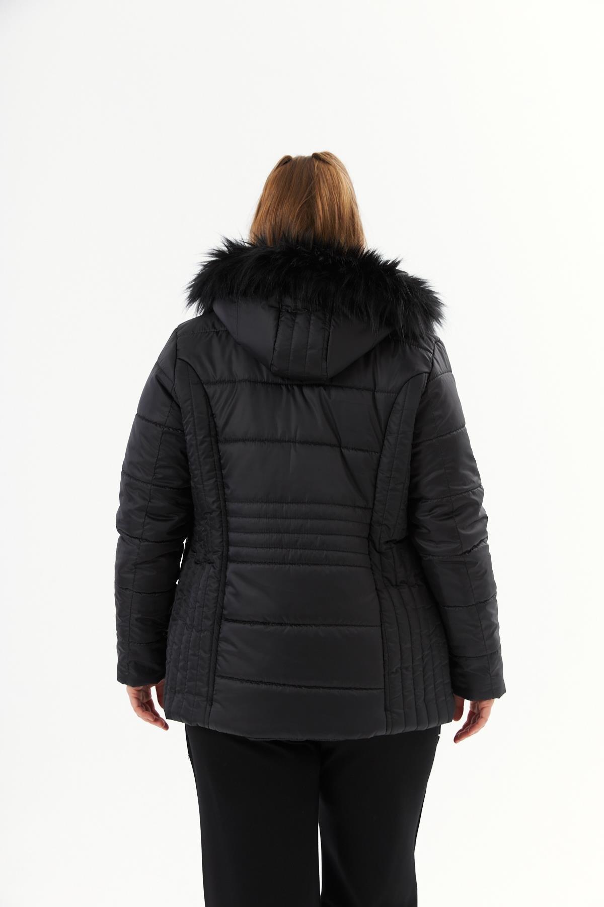 9761 Büyük Beden Kapüşonu Kürklü Kadın Fermuarlı Şişme Mont