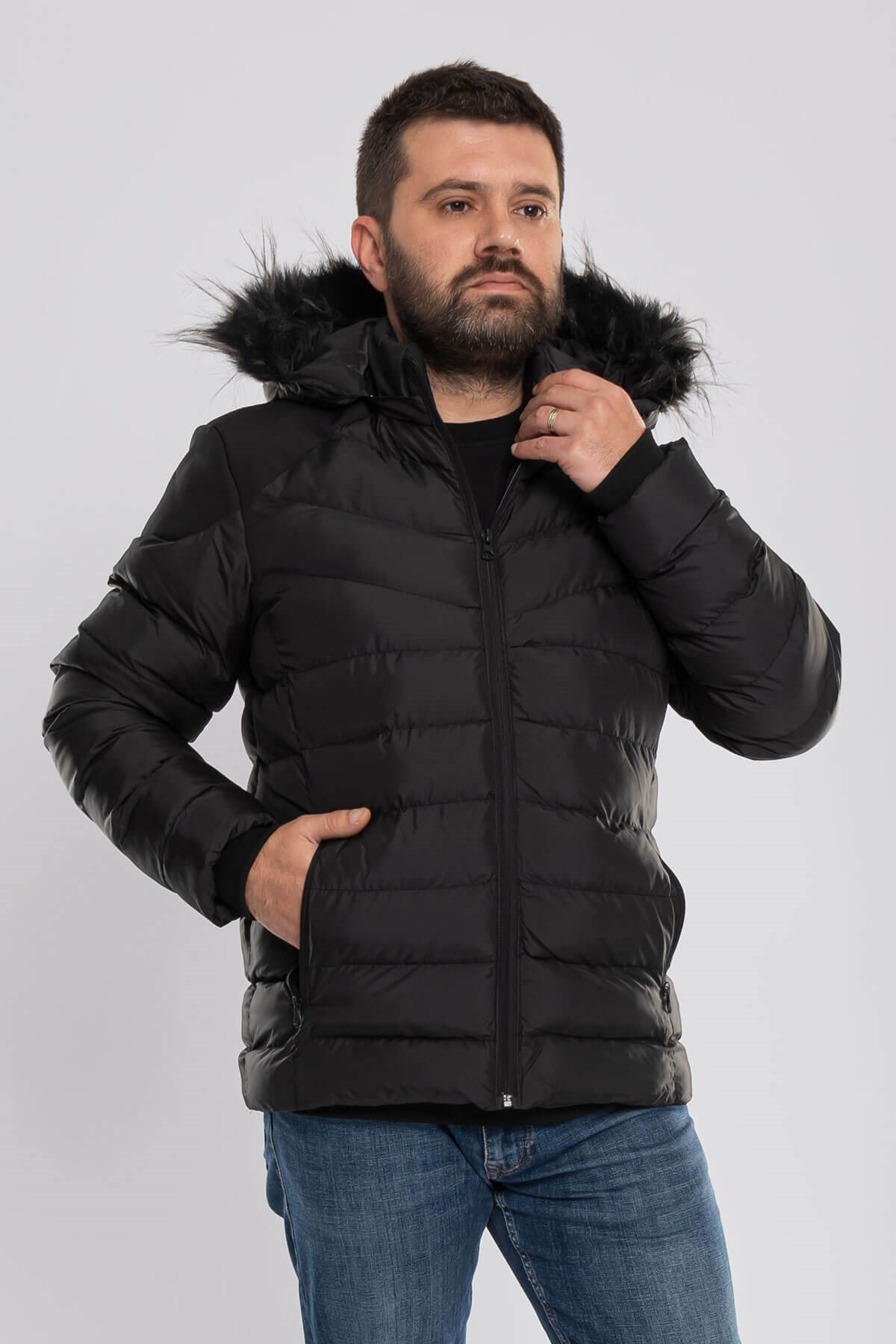 99375-205 Erkek Slimfit Kapşonlu İçi Polar Kısa Şişme Mont