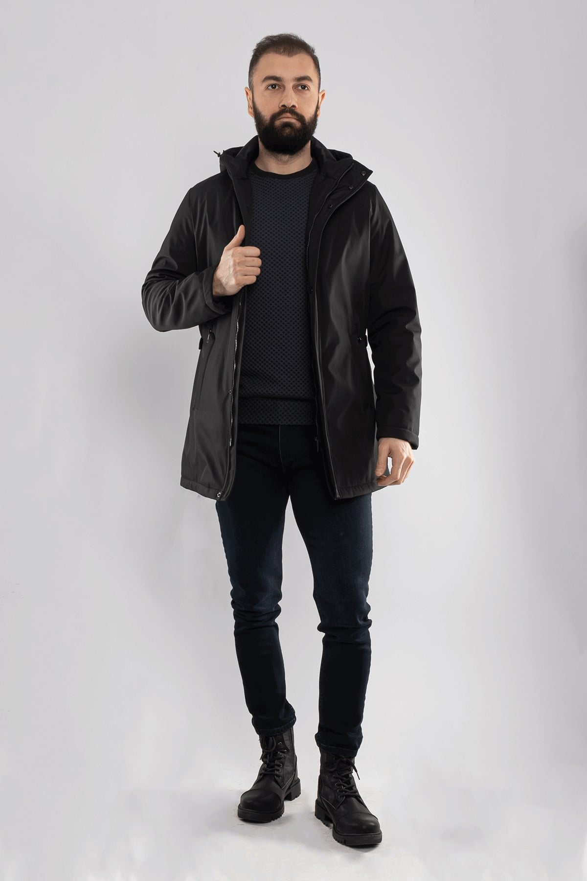 99382-08 İçi Kürklü Kapşonlu Unisex Büyük Uzun Kaban