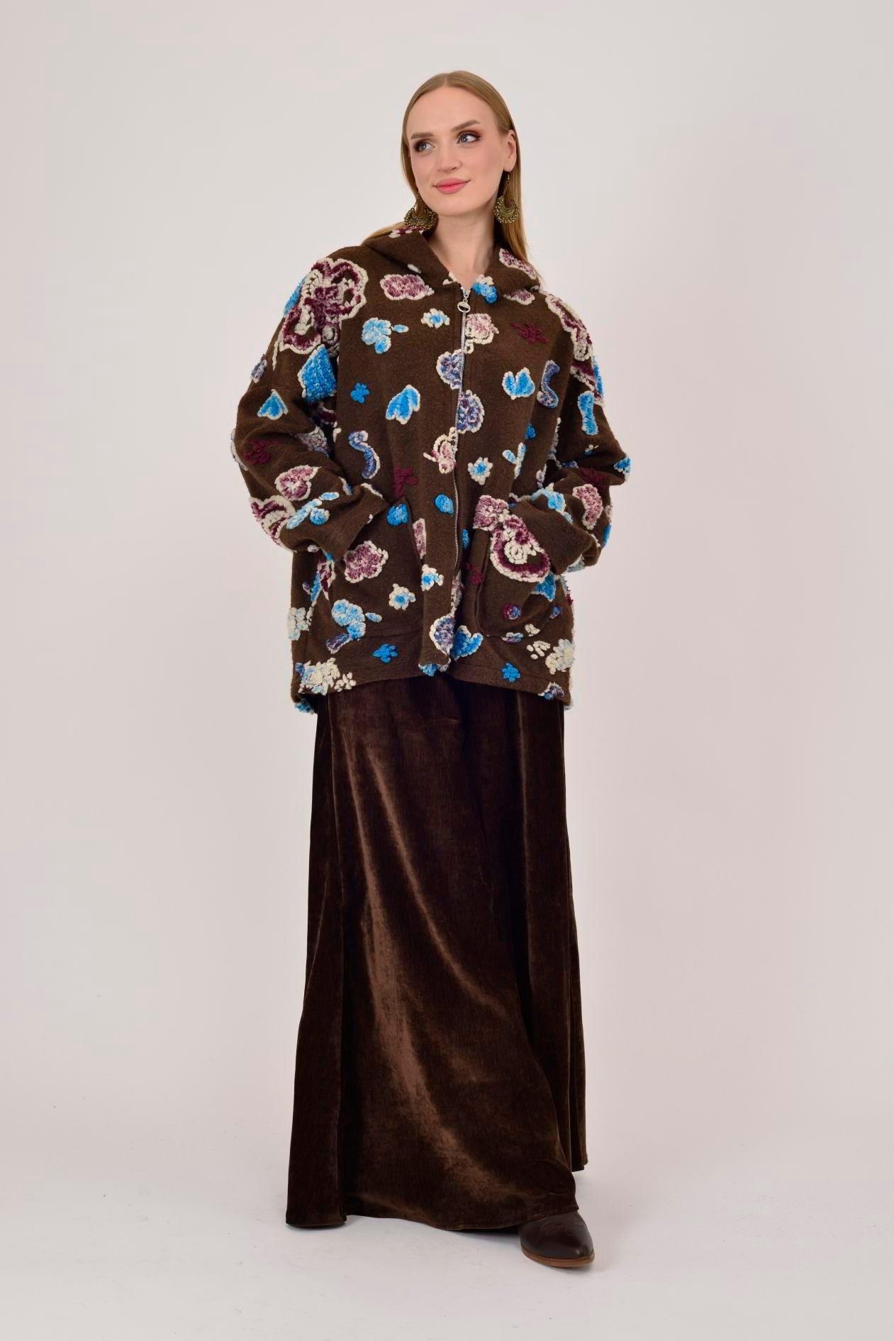 A0056 Yaprak Desen Fermuarlı Keçe Kaban