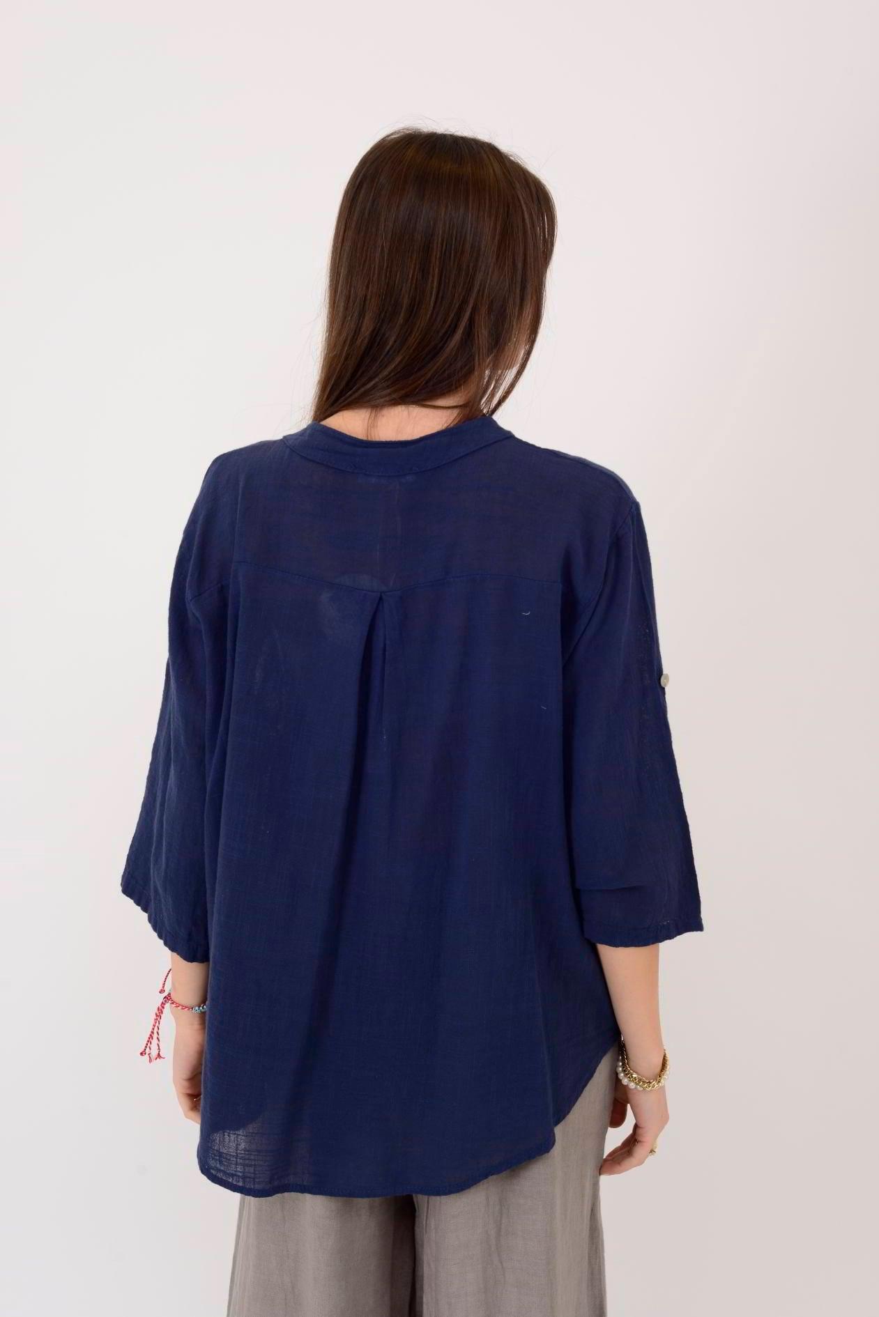 A0185 Düz Desen Pullu Tek Cepli Düğmeli Keten Gömlek