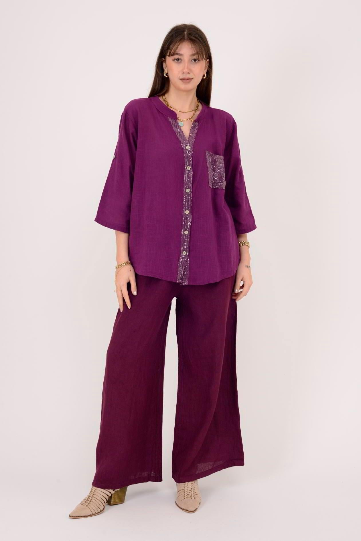 A0185 Düz Desen Pullu Tek Cepli Düğmeli Keten Gömlek