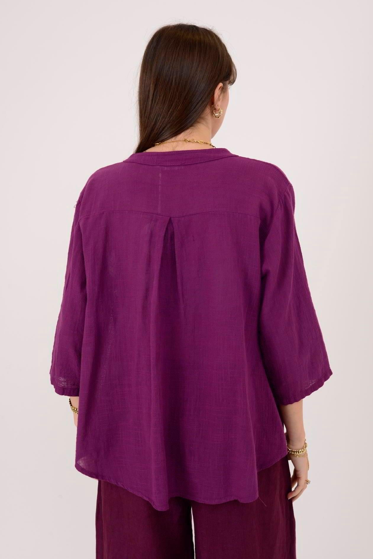 A0185 Düz Desen Pullu Tek Cepli Düğmeli Keten Gömlek