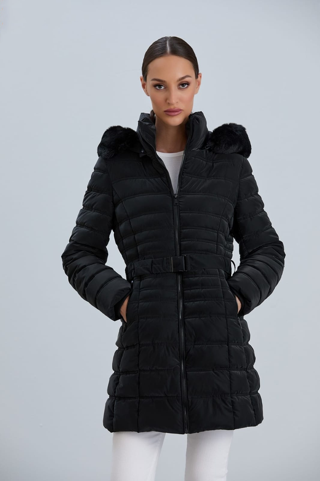 AÇELYA25 Kapüşonlu Kmerli Parlak Uzun Kadın Şişme Mont