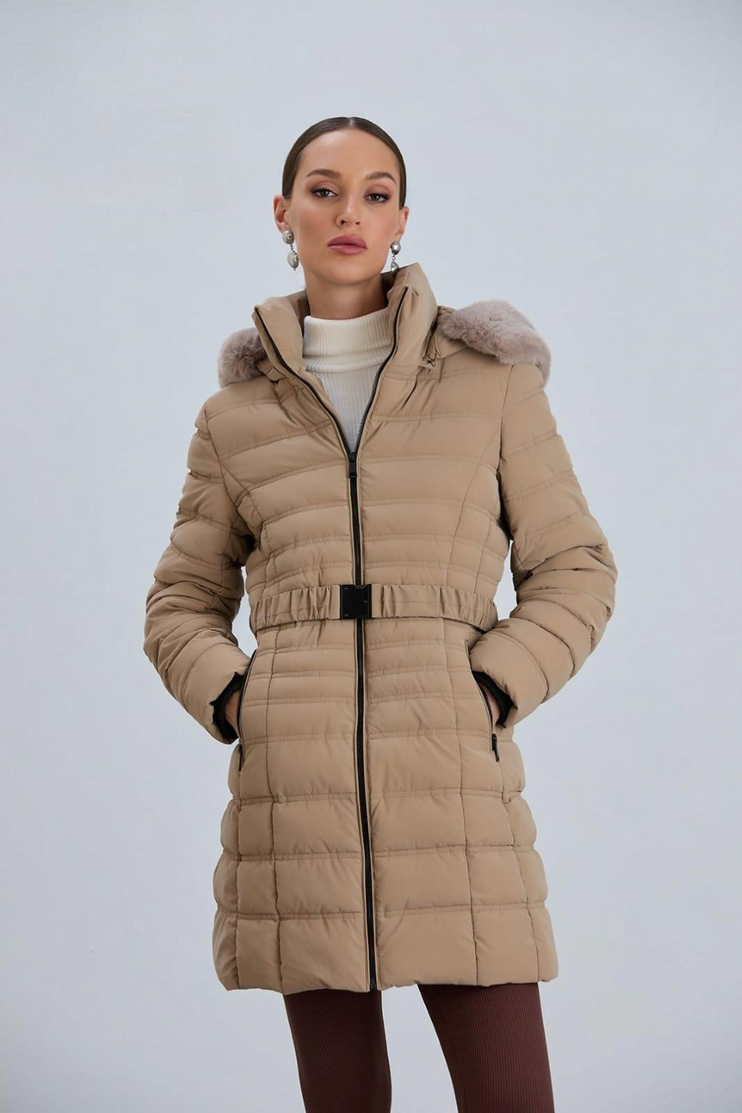 AÇELYA25 Kapüşonlu Kmerli Parlak Uzun Kadın Şişme Mont