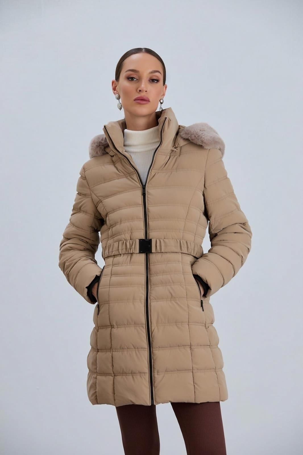 AÇELYA25 Kapüşonlu Kmerli Parlak Uzun Kadın Şişme Mont