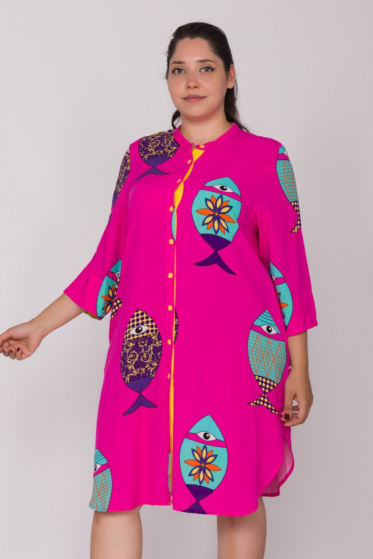 AN110 Truv.Kol Balık Desen Yakasız Cepli Viscon Kısa Elbise