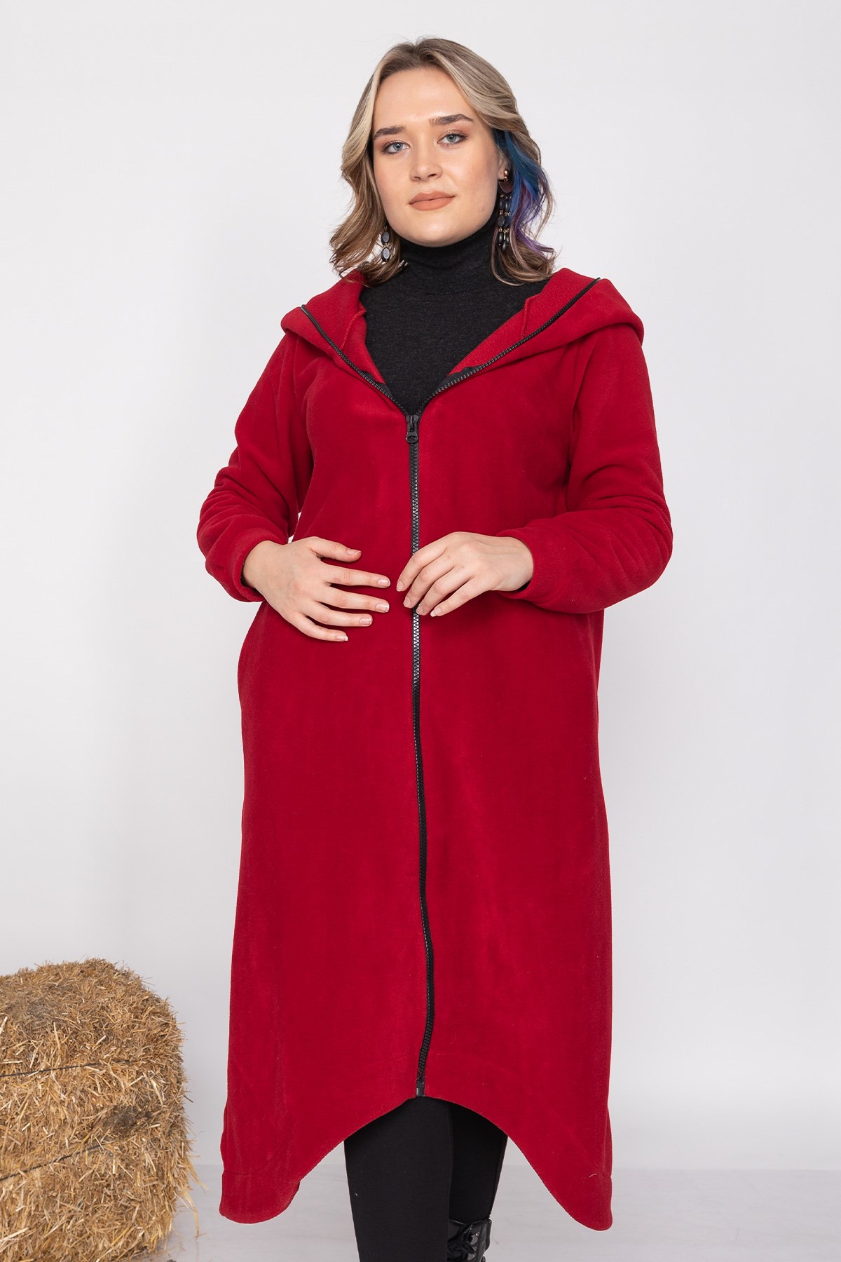 AN2116 Kapşonlu Düz Uzun Polar Kaban