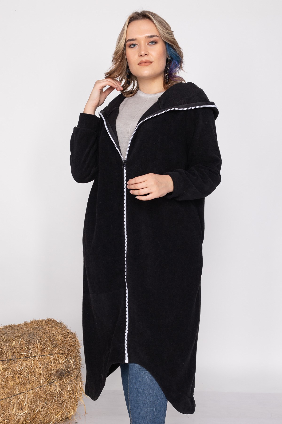 AN2116 Kapşonlu Düz Uzun Polar Kaban