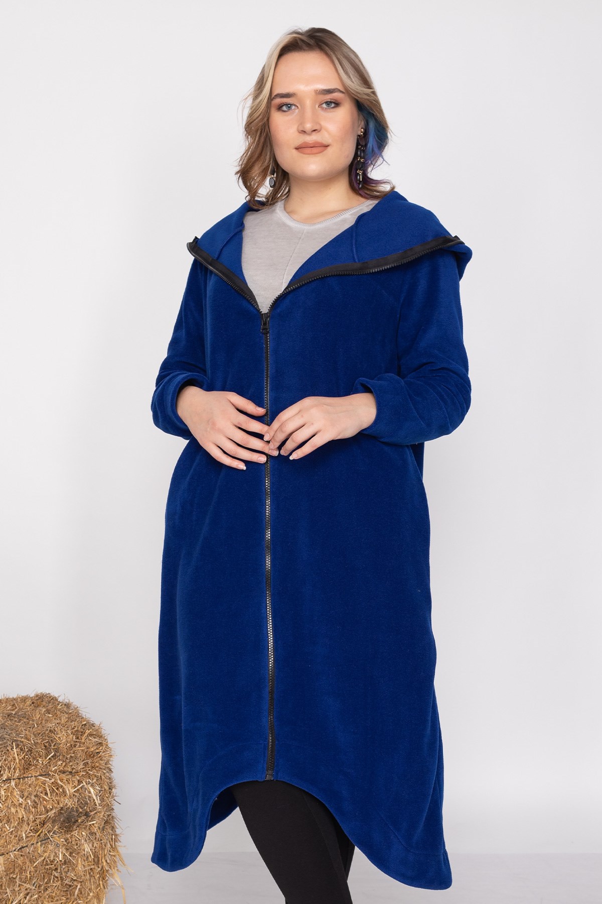 AN2116 Kapşonlu Düz Uzun Polar Kaban