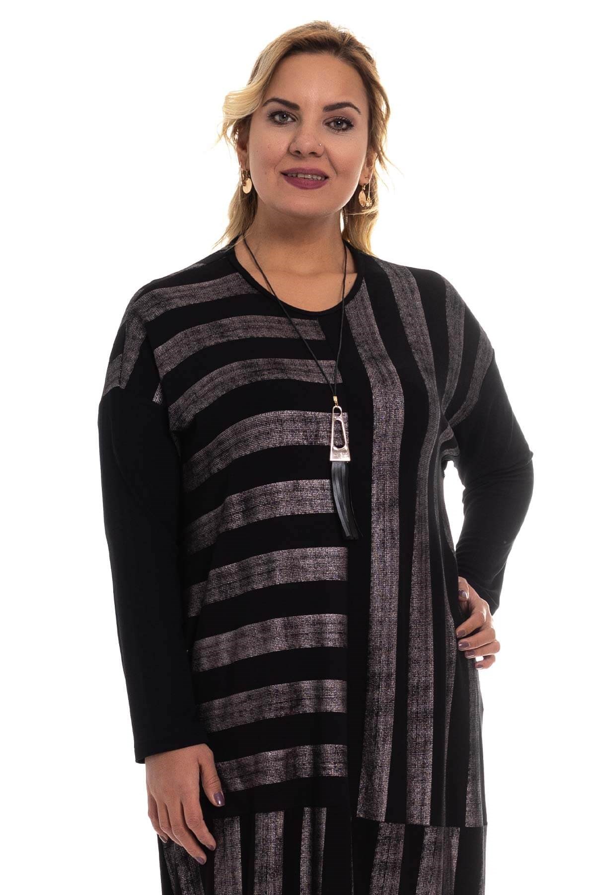 B64190 Asimetrik Desen Simli Viscon Elbise