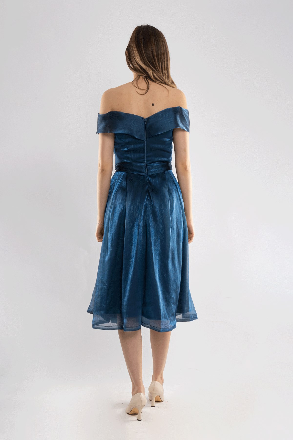 D-1066 Madonna Yaka Kuşaklı İpek Şifon Kısa Elbise