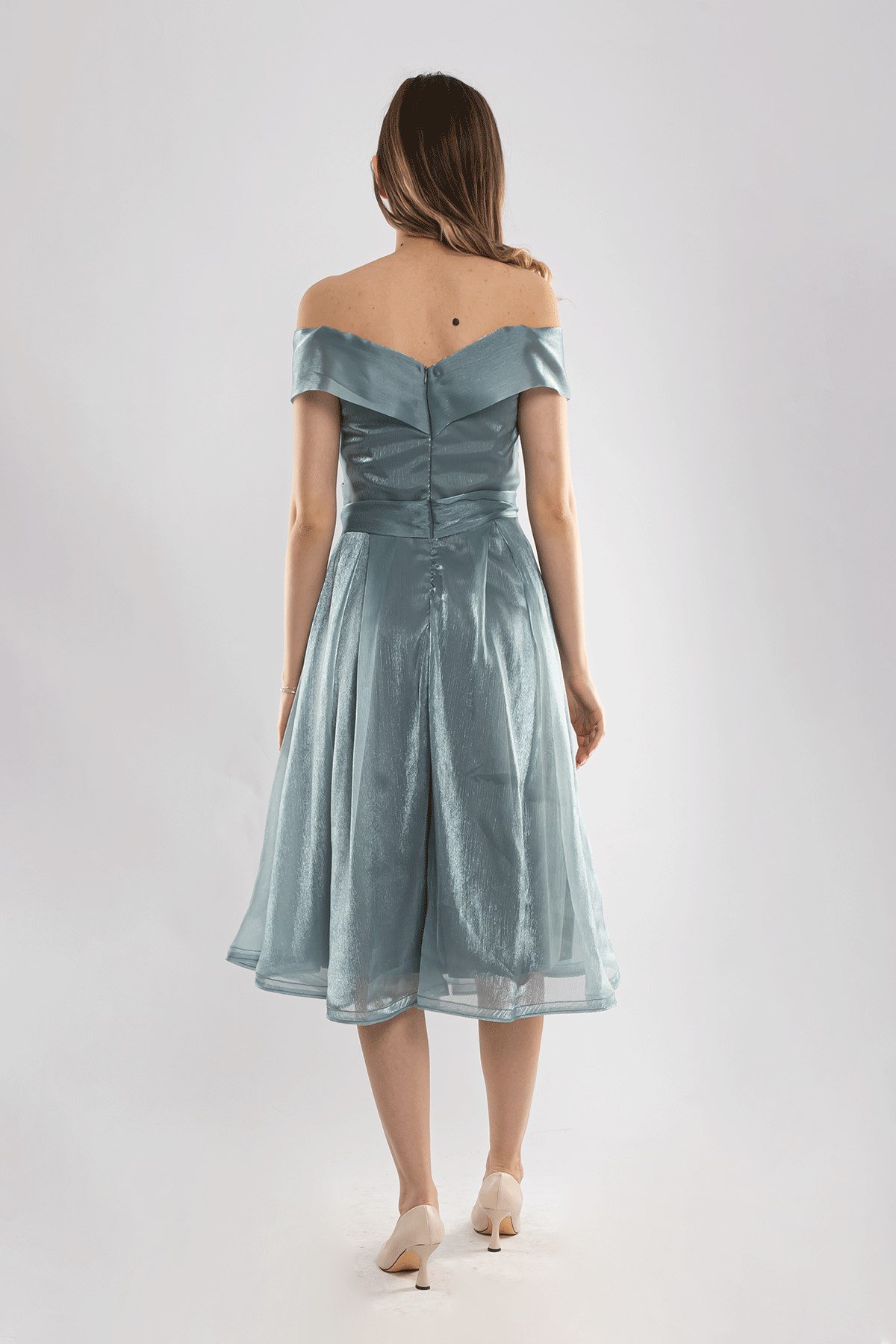 D-1066 Madonna Yaka Kuşaklı İpek Şifon Kısa Elbise