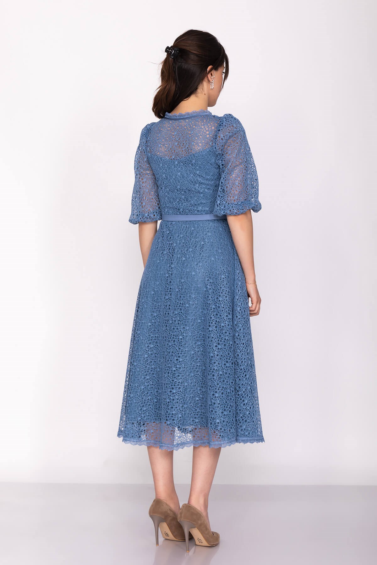 D-1076 KB Yaka İpli ÖrümcekAğ Çan Etek Truv.Kol Midiboy Elbise