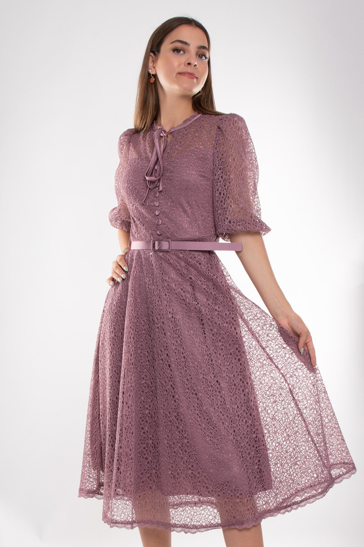 D-1076 KB Yaka İpli ÖrümcekAğ Çan Etek Truv.Kol Midiboy Elbise