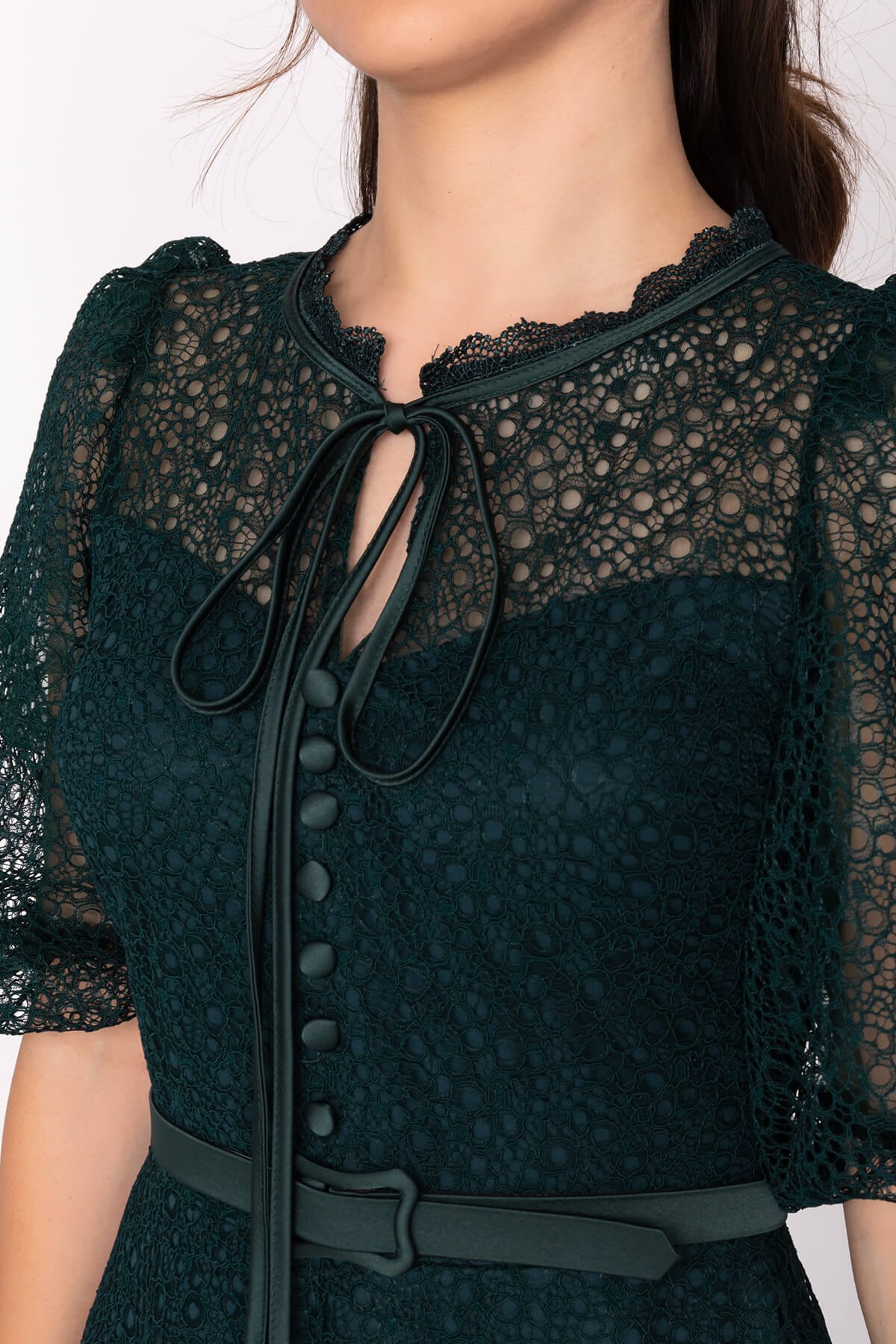 D-1076 KB Yaka İpli ÖrümcekAğ Çan Etek Truv.Kol Midiboy Elbise