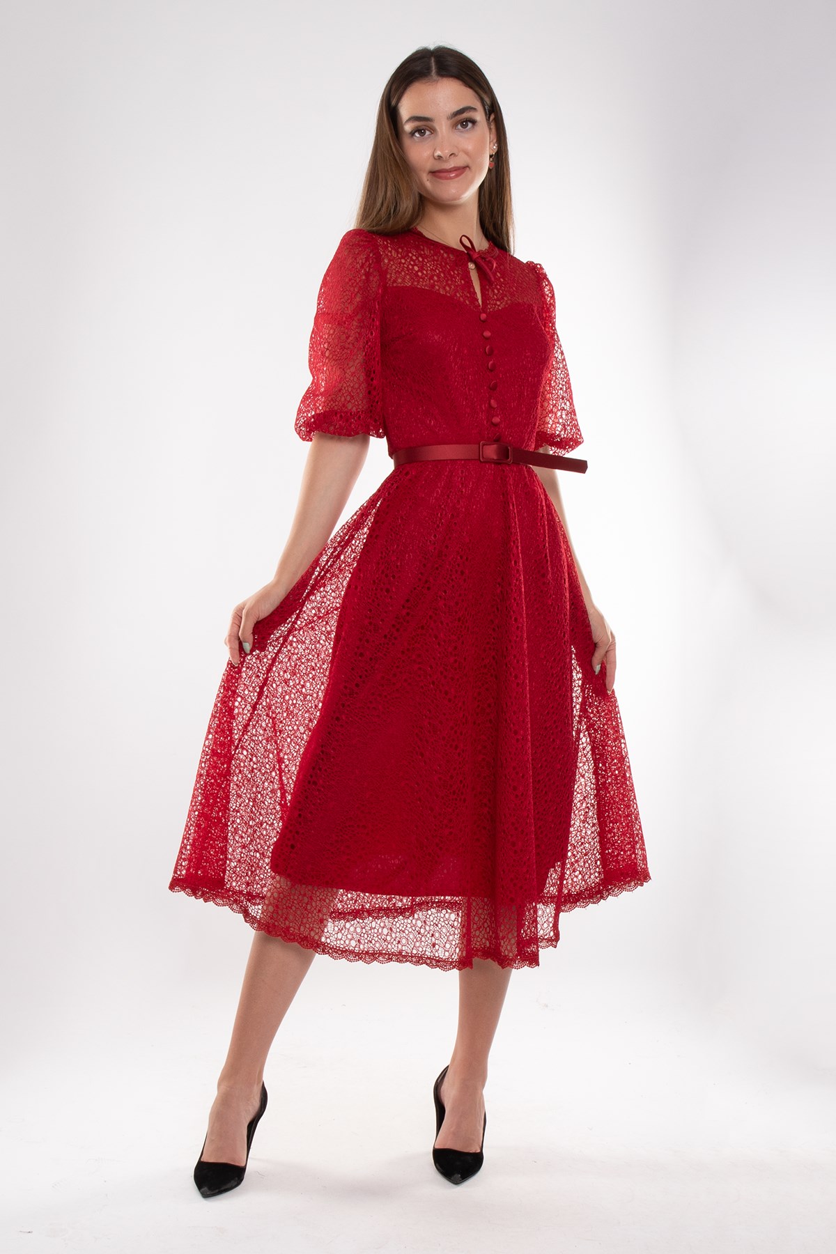 D-1076 KB Yaka İpli ÖrümcekAğ Çan Etek Truv.Kol Midiboy Elbise