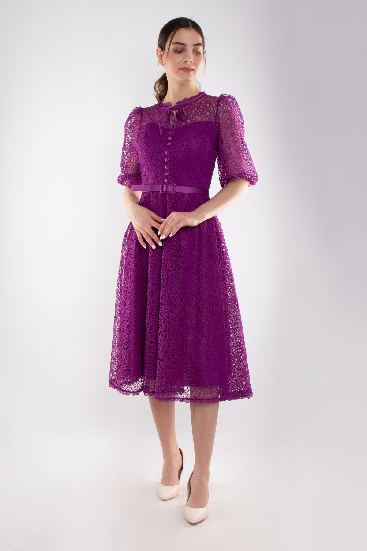 D-1076 Yaka İpli ÖrümcekAğ Çan Etek Truv.Kol Midiboy Elbise