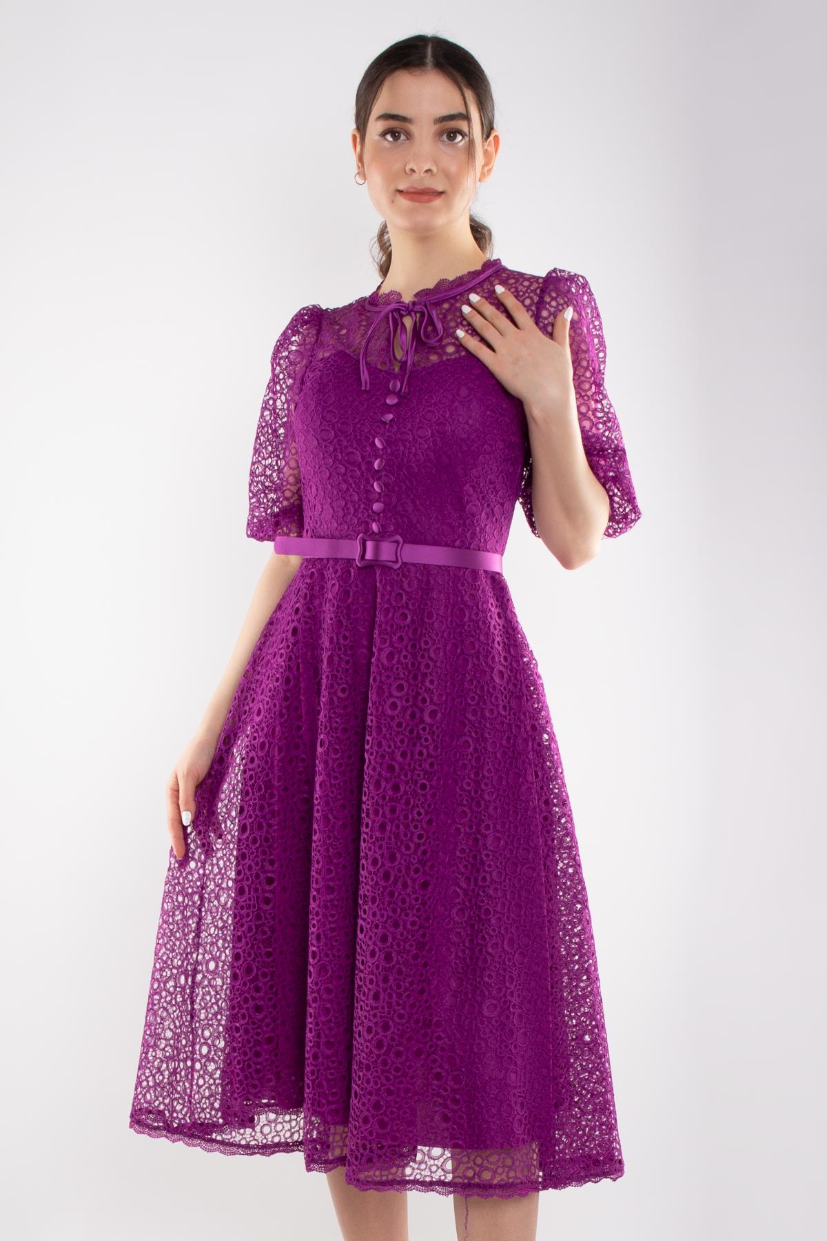 D-1076 Yaka İpli ÖrümcekAğ Çan Etek Truv.Kol Midiboy Elbise