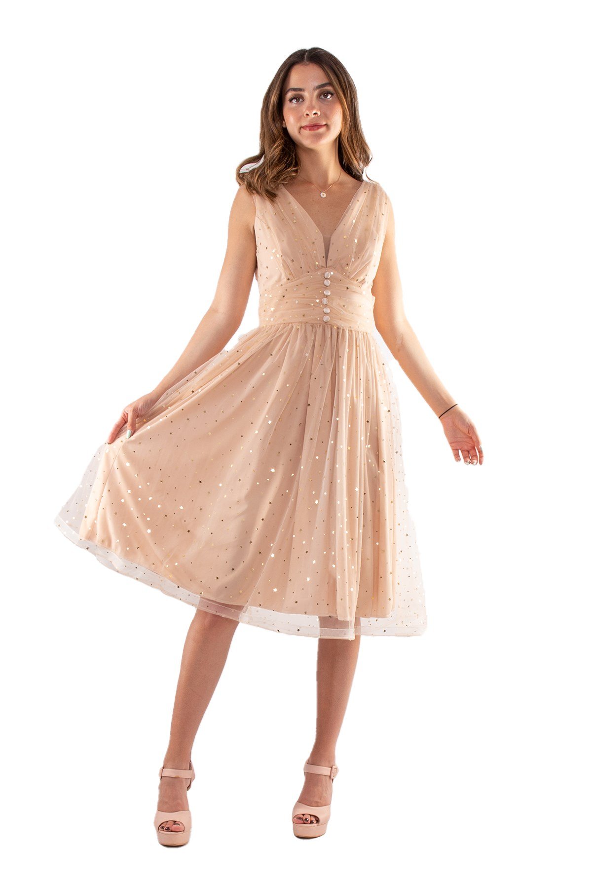 D-1123 Yıldız Baskılı Eteği Kloş Tül Kısa Elbise