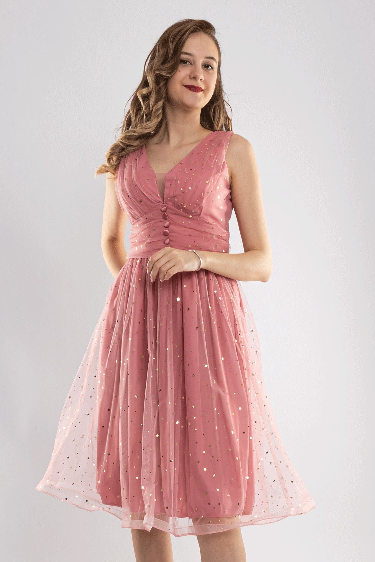 D-1123 Yıldız Baskılı Eteği Kloş Tül Kısa Elbise