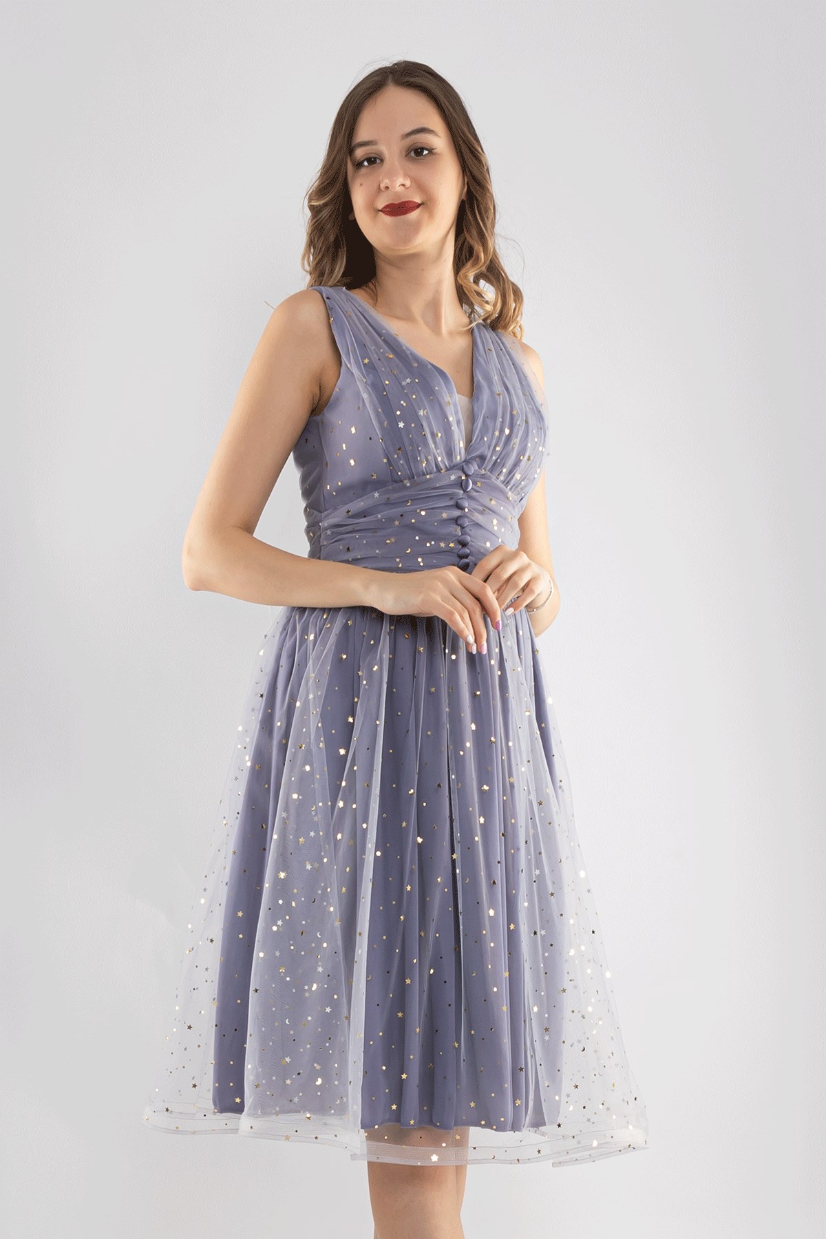 D-1123 Yıldız Baskılı Eteği Kloş Tül Kısa Elbise