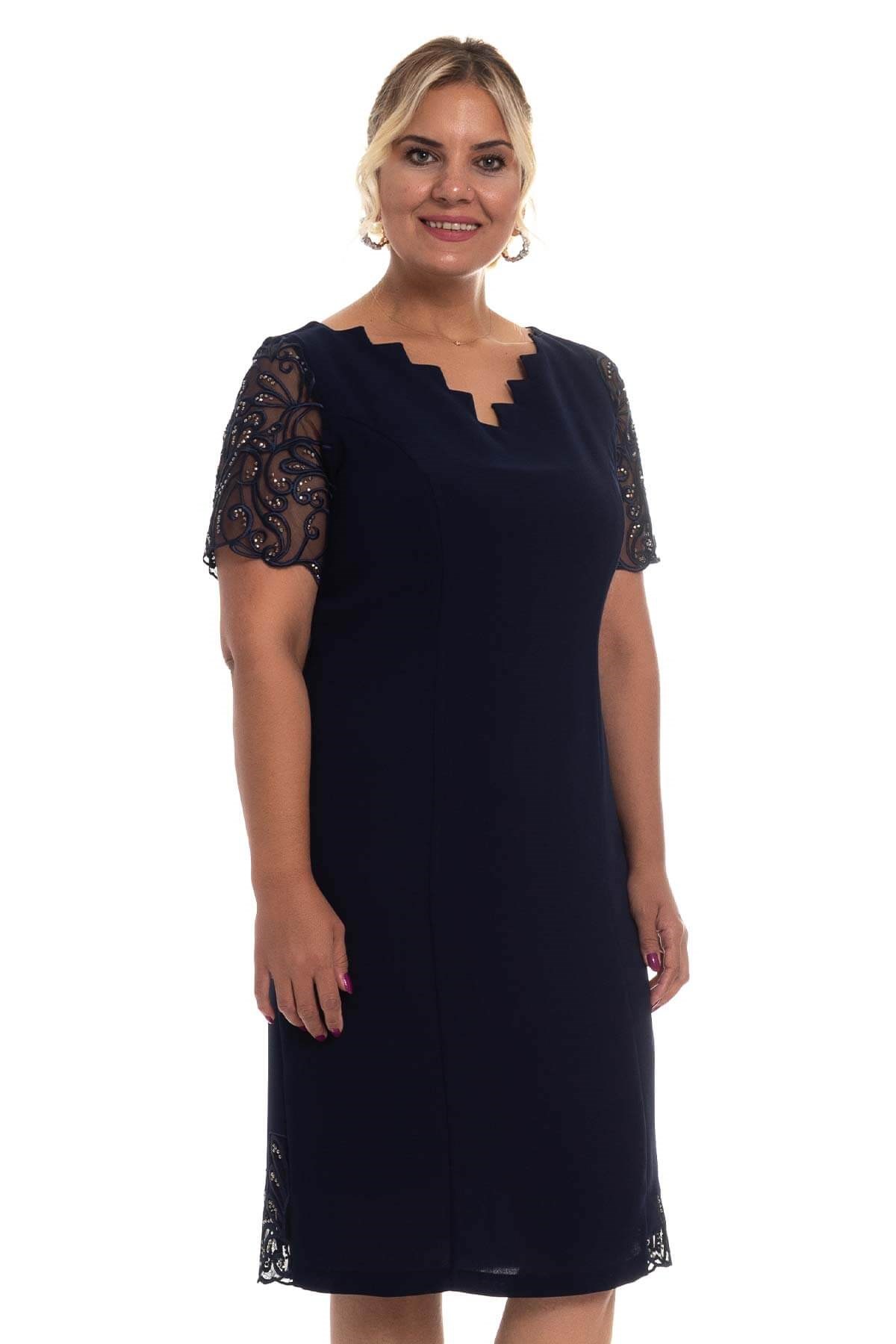 D-895 BB Merdiven Yaka Kolu Taş İşl.Krep Elbise