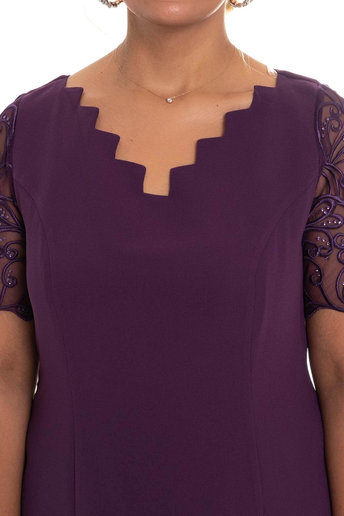 D-895 BB Merdiven Yaka Kolu Taş İşl.Krep Elbise