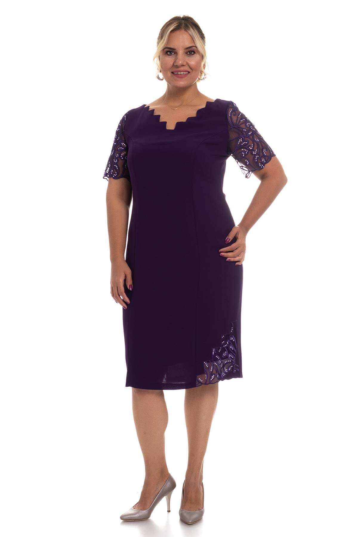 D-895 BB Merdiven Yaka Kolu Taş İşl.Krep Elbise