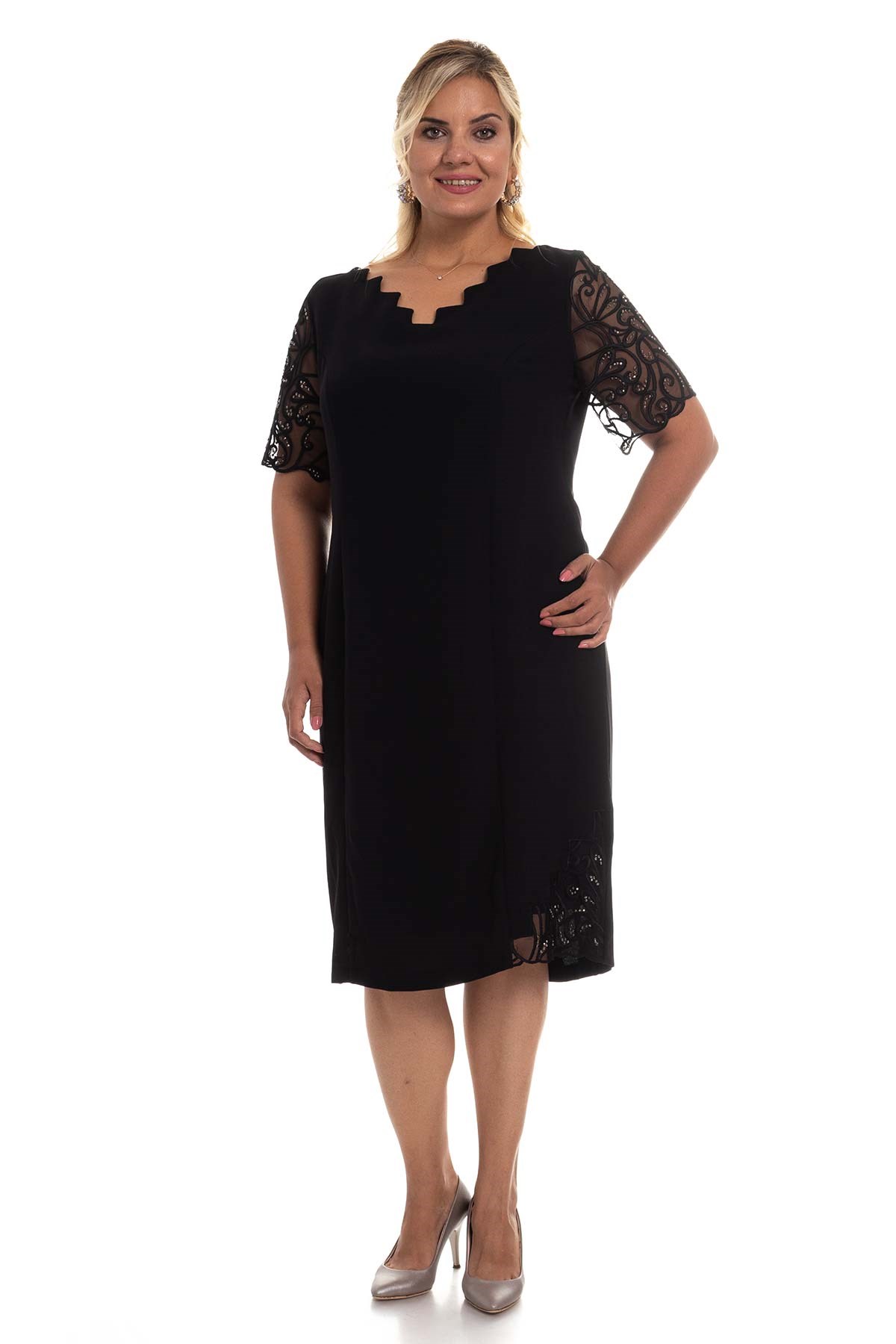 D-895 BB Merdiven Yaka Kolu Taş İşl.Krep Elbise