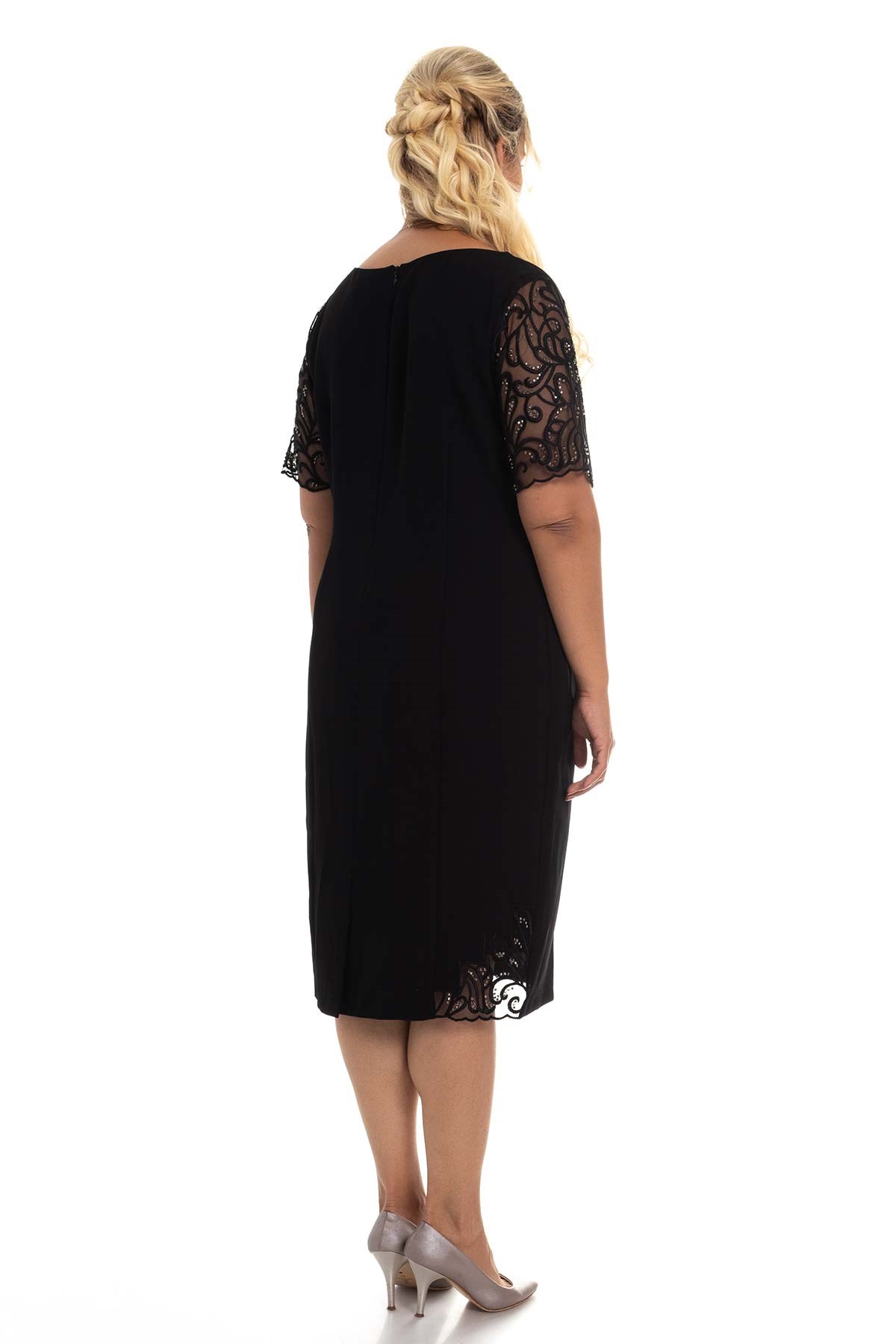 D-895 BB Merdiven Yaka Kolu Taş İşl.Krep Elbise