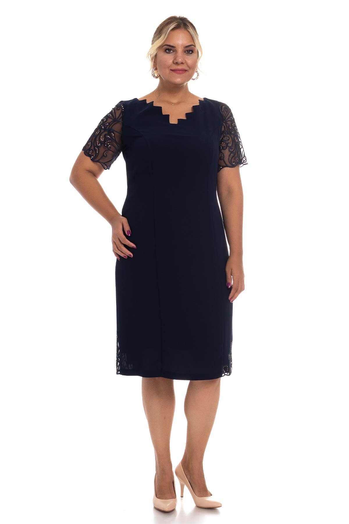 D-895 BB Merdiven Yaka Kolu Taş İşl.Krep Elbise