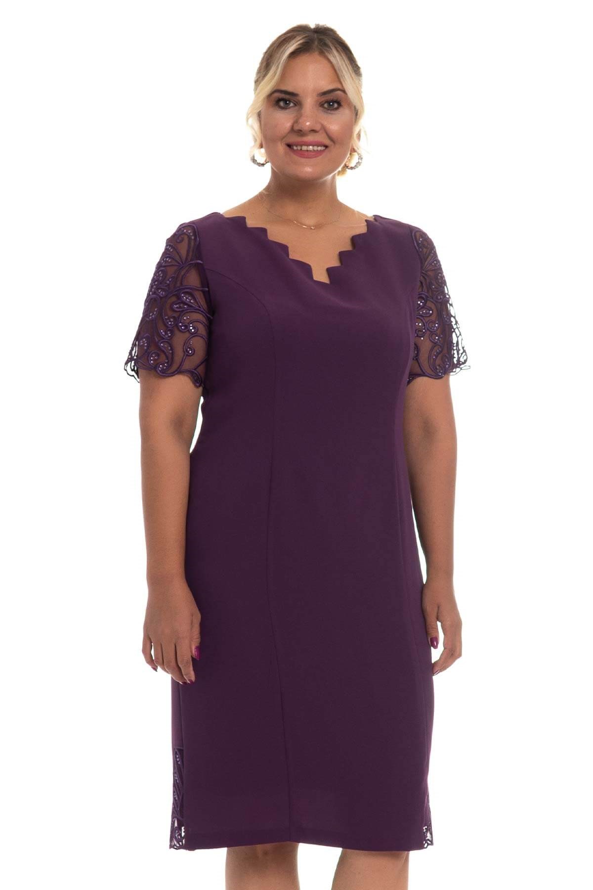 D-895 BB Merdiven Yaka Kolu Taş İşl.Krep Elbise