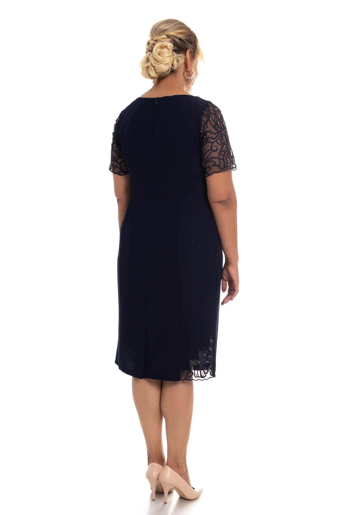 D-895 BB Merdiven Yaka Kolu Taş İşl.Krep Elbise