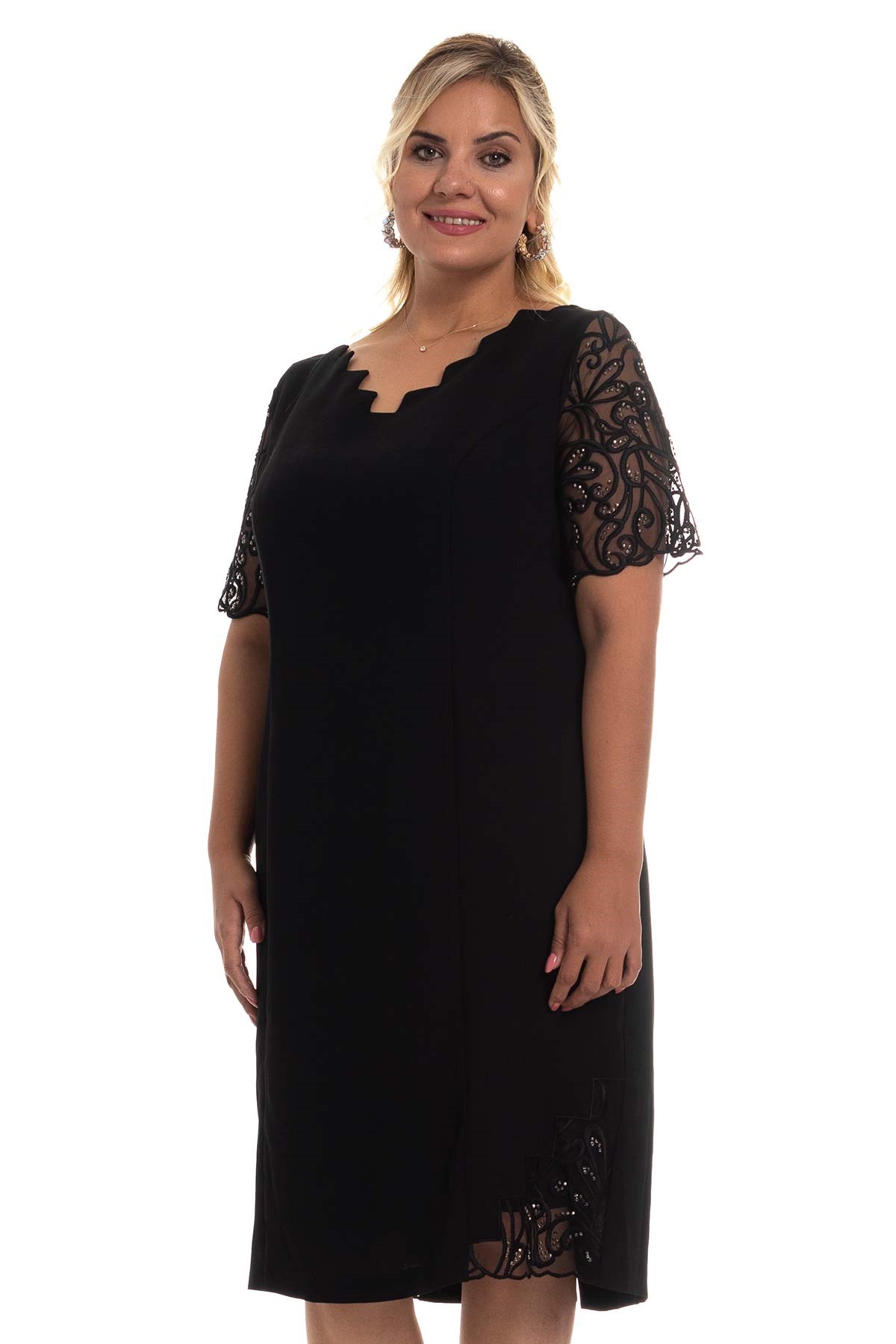 D-895 BB Merdiven Yaka Kolu Taş İşl.Krep Elbise