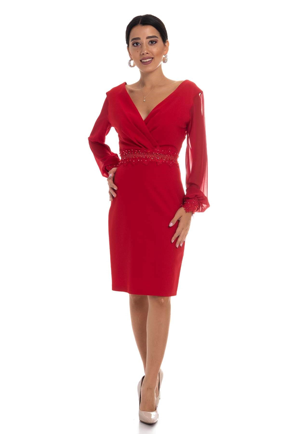 D-915 KB Sırt Dekolte Tül Kol Kısa Krep Elbise