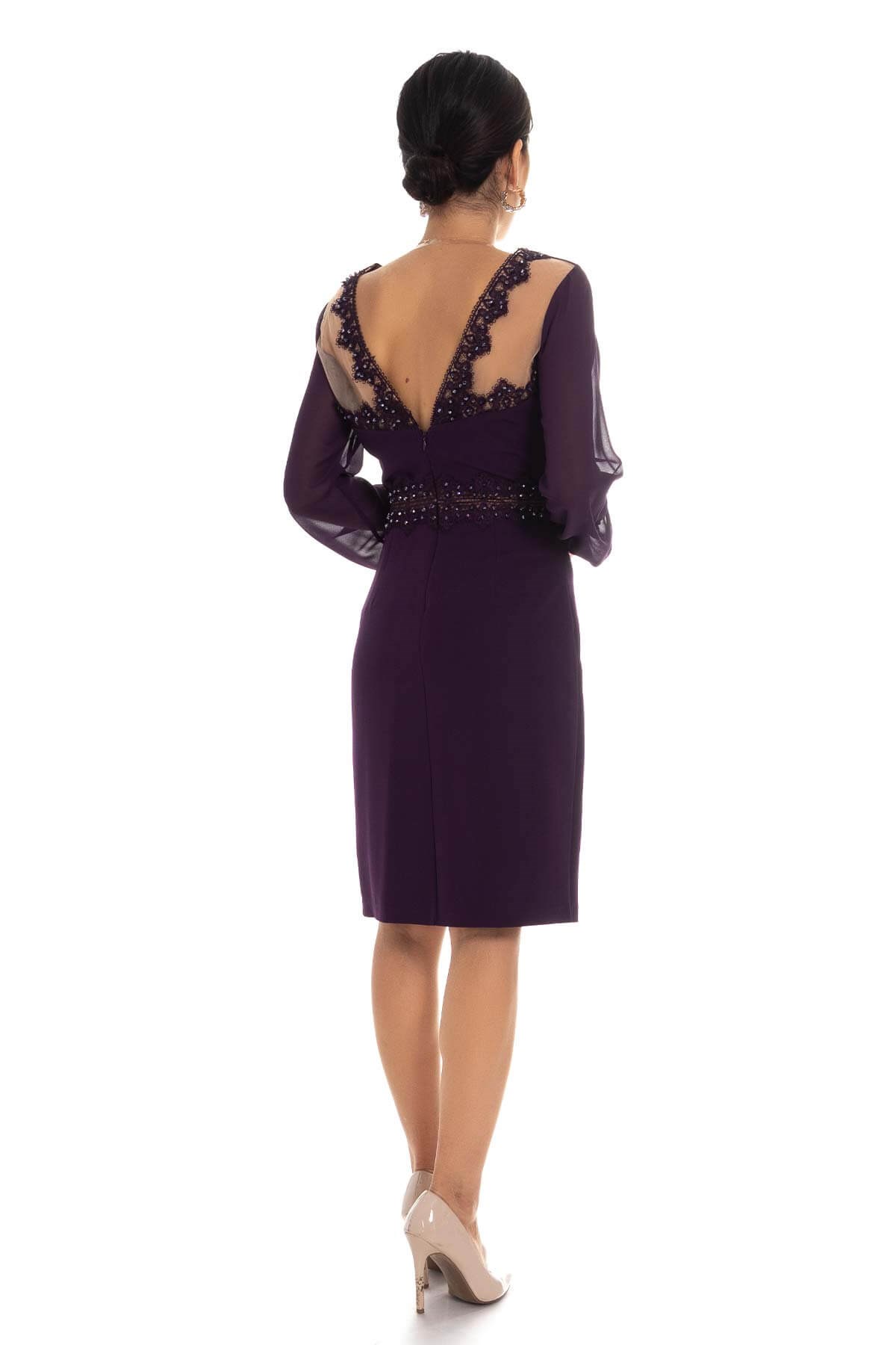 D-915 KB Sırt Dekolte Tül Kol Kısa Krep Elbise