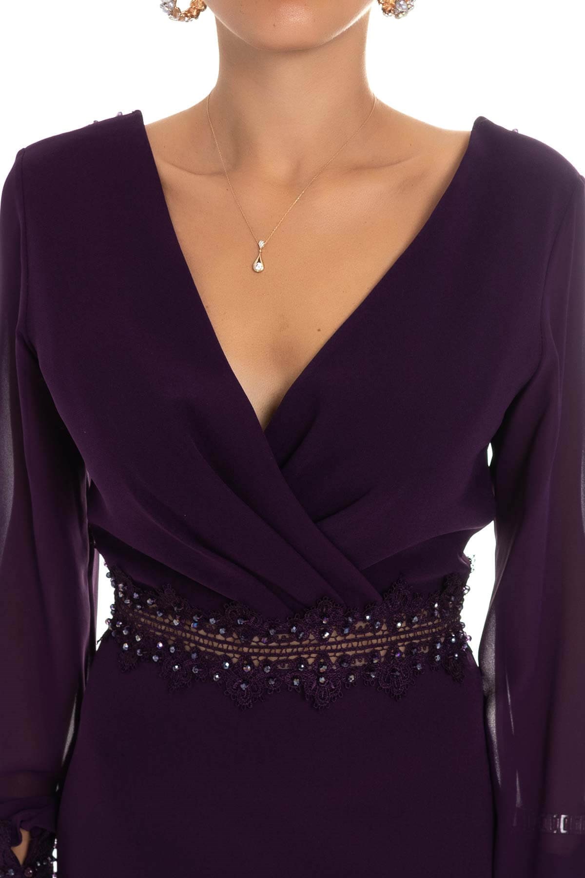 D-915 KB Sırt Dekolte Tül Kol Kısa Krep Elbise