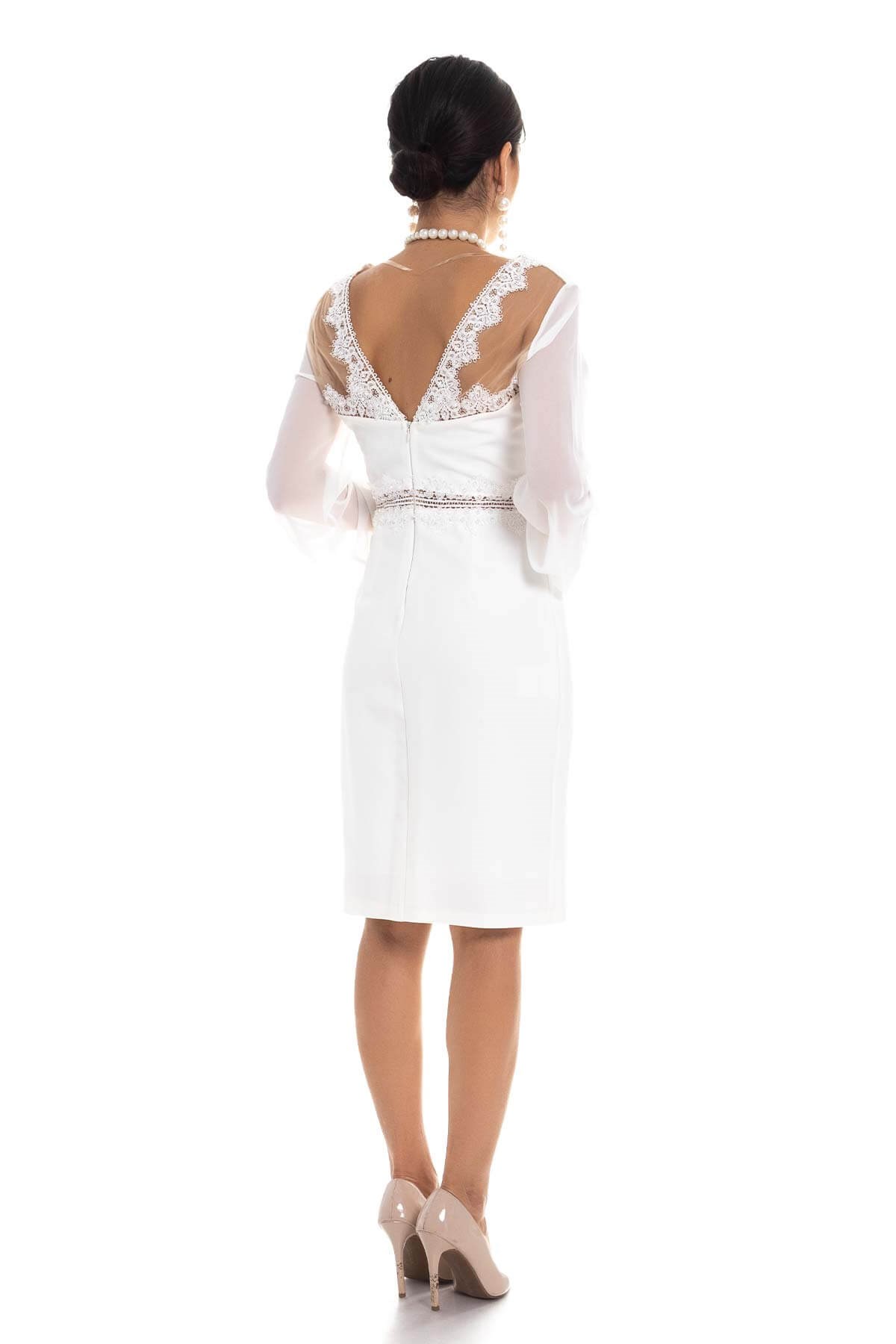 D-915 KB Sırt Dekolte Tül Kol Kısa Krep Elbise