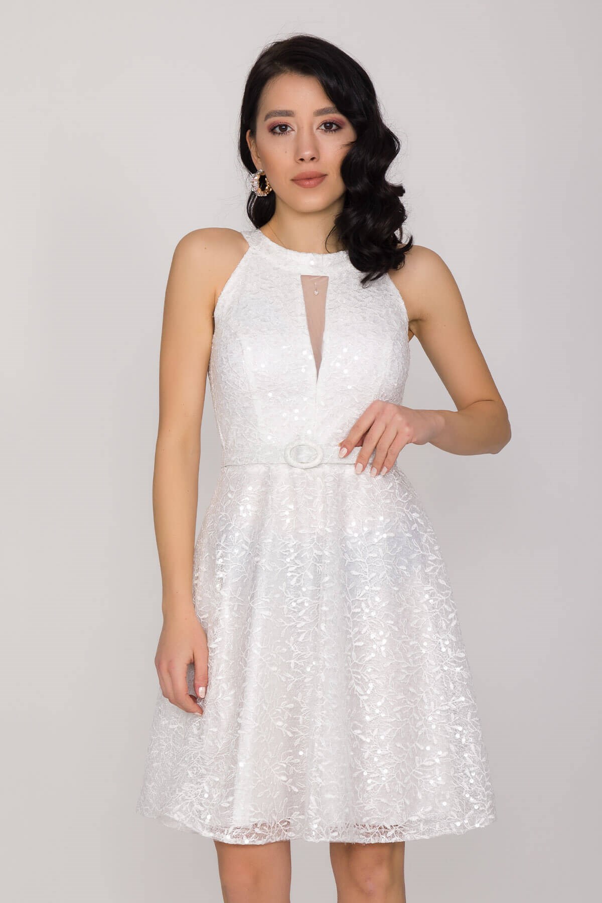 D-933 KB Kemerli Halter Yaka Sırt Detay Pulpayet Kısa Abiye Elbise