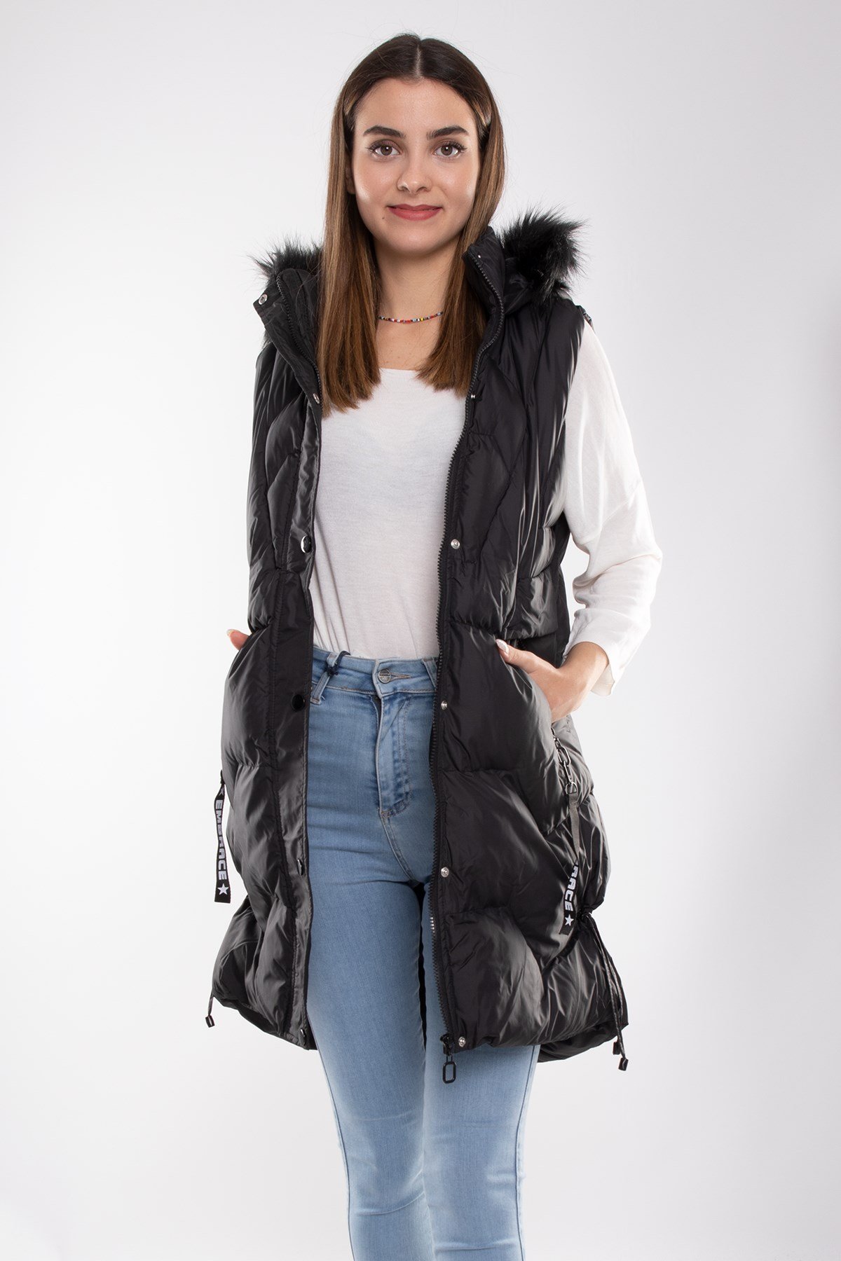 D89823 Kapşonlu Kadın Şişme Uzun Yelek