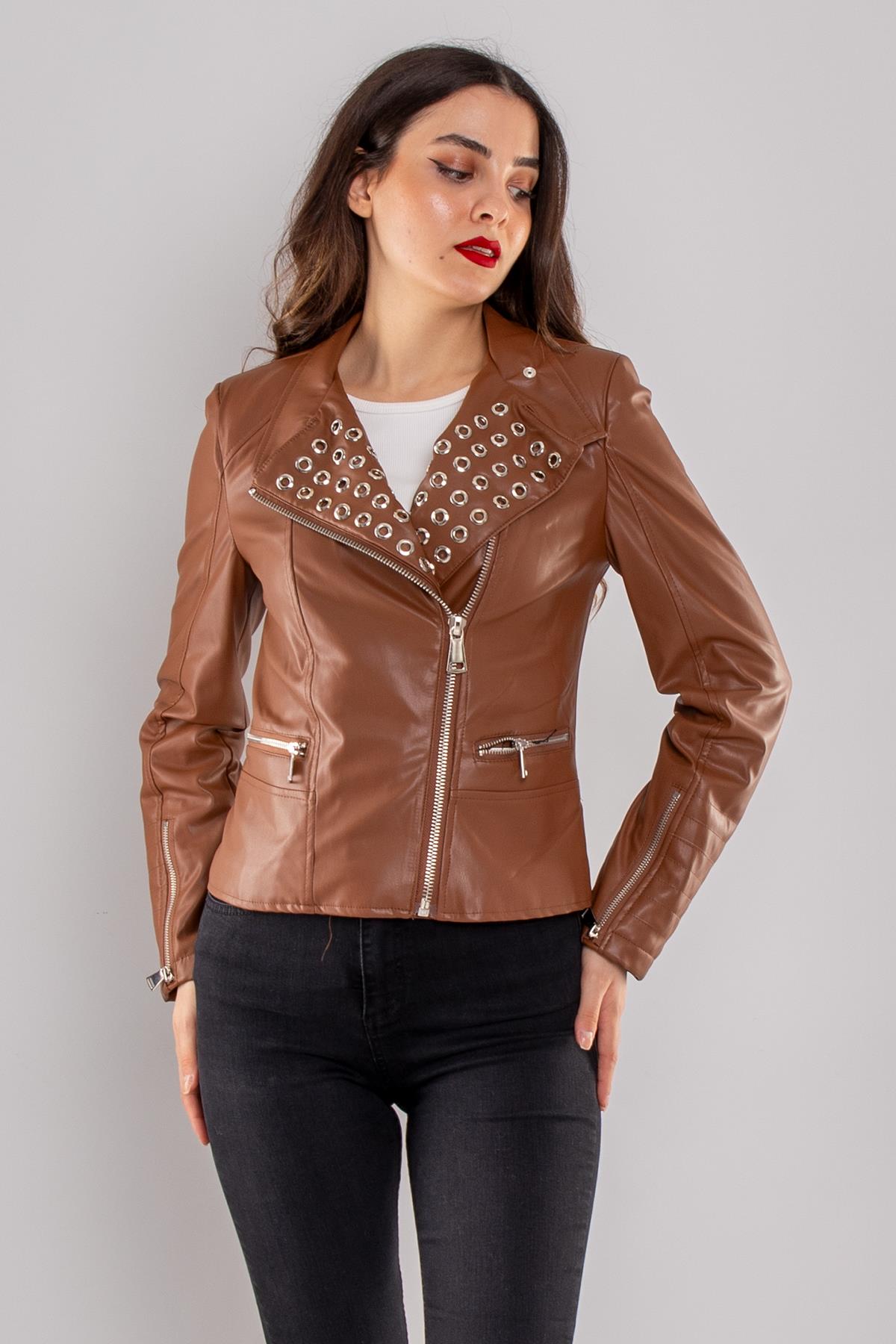 D99072 Yandan Fermuar Detay Yaka Zımbalı Deri Ceket