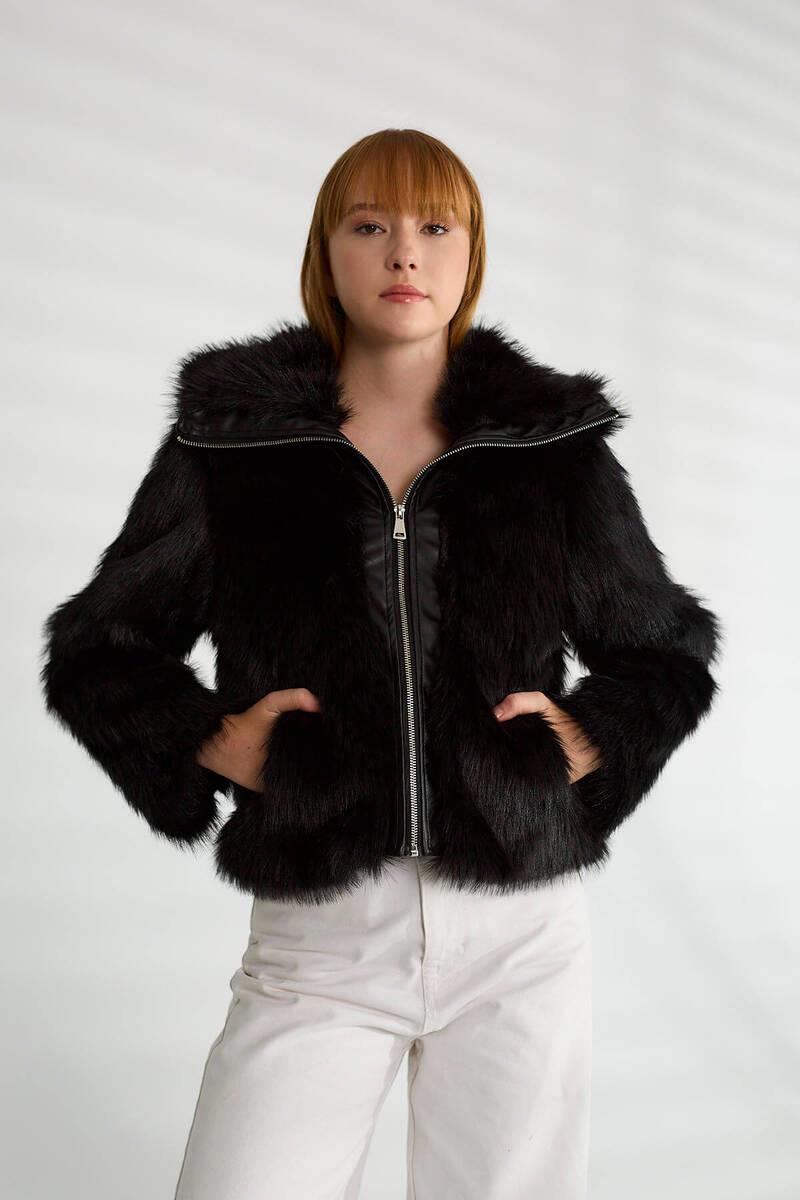 D99459 Deri Detay Fermuarlı Kürklü Ceket